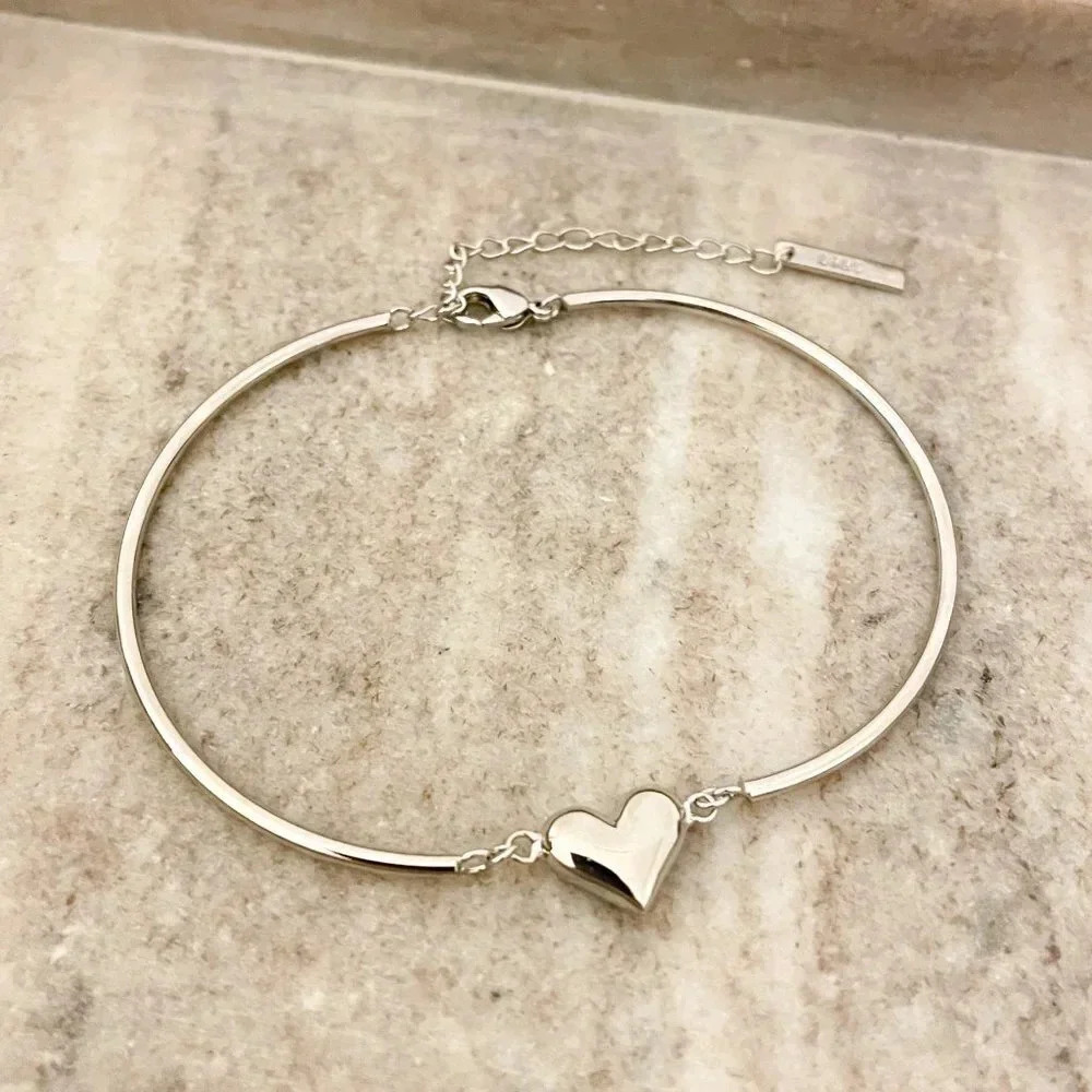 925 Sterling Silver Heart Cuff Bracelet Heart Pendant Bangle Bracelet - Picture 2 of 7